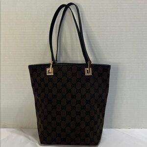 GUCCI VINTAGE BROWN  GG CANVAS TOTE BAG WITH BLACK LEATHER